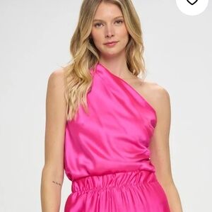 RENEE C. NEW Silky Satin Neon Pink Fuchsia One Shoulder Ruched Top Blouse L